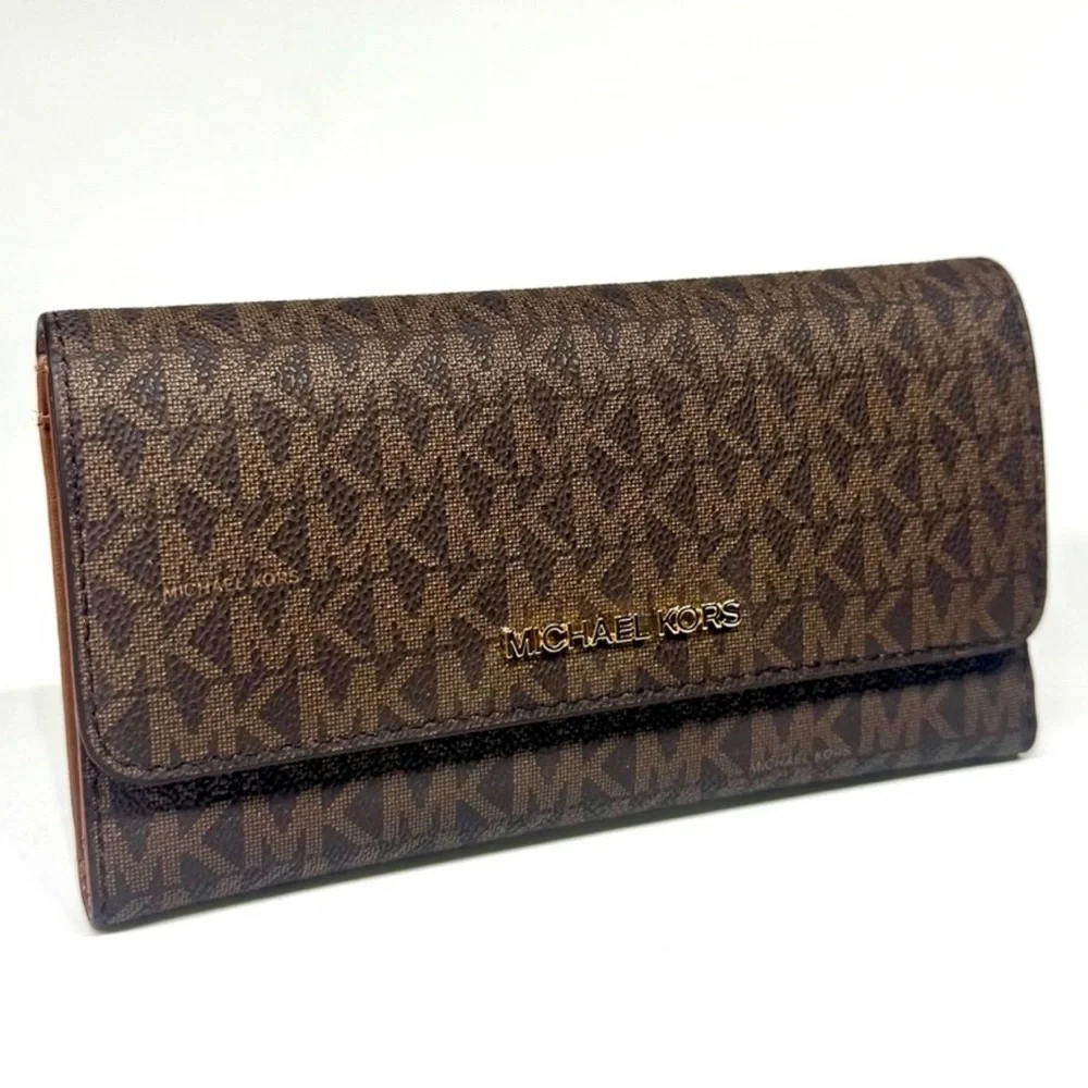 Michael Kors Large Jet Set Travel Trifold Wallet Brown Signature
